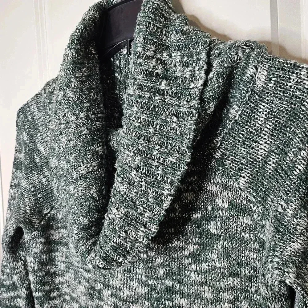 Women's Hunter Green White Speckled Cowl Neck Balloon Sleeve Sweater Cabincore L - Picture 3 of 8
